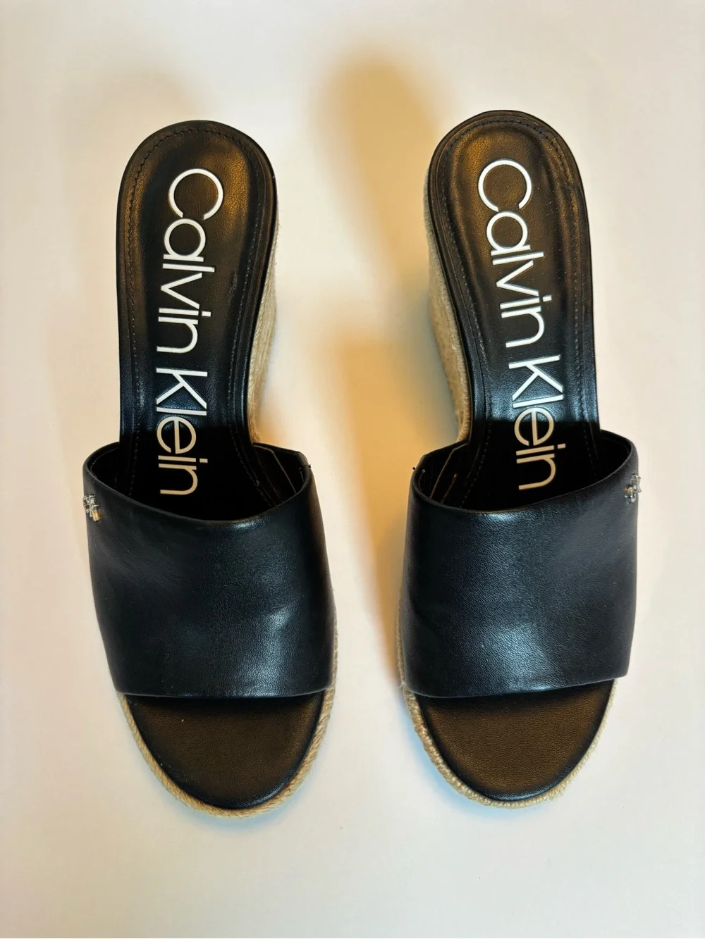 Calvin Klein Black Leather Bandera Wedge Espadrille Slide Sandal 3-1/2” Heel 8